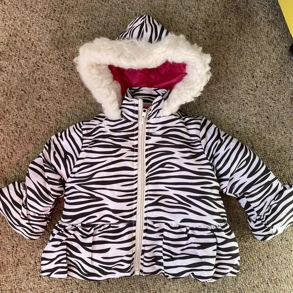 Baby Togs Zebra Print Puffer Coat Jacket Baby Girl Sz 6-9 M Hooded Faux Fur Zip - Picture 1 of 9
